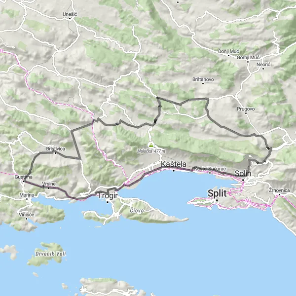 Map miniature of "Scenic Road Cycling Tour: Klis to Radošić" cycling inspiration in Jadranska Hrvatska, Croatia. Generated by Tarmacs.app cycling route planner
