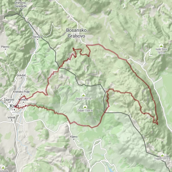 Map miniature of "Kninsko Polje - Slap Krčić Adventure" cycling inspiration in Jadranska Hrvatska, Croatia. Generated by Tarmacs.app cycling route planner