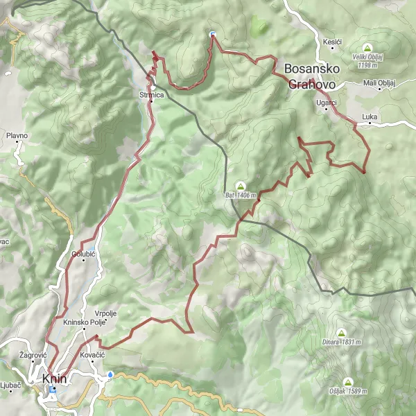 Map miniature of "Hidden Gems of Knin" cycling inspiration in Jadranska Hrvatska, Croatia. Generated by Tarmacs.app cycling route planner