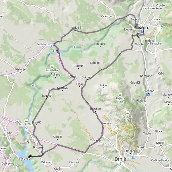 Map miniature of "Montova glavica - Visovac Circuit" cycling inspiration in Jadranska Hrvatska, Croatia. Generated by Tarmacs.app cycling route planner