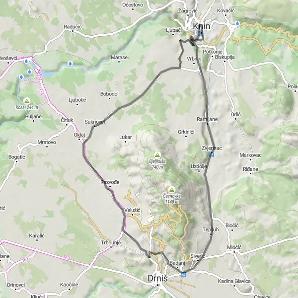 Map miniature of "Knin - Kupres Loop" cycling inspiration in Jadranska Hrvatska, Croatia. Generated by Tarmacs.app cycling route planner
