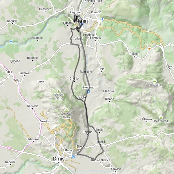 Map miniature of "Knin - Zvjerinac Loop" cycling inspiration in Jadranska Hrvatska, Croatia. Generated by Tarmacs.app cycling route planner