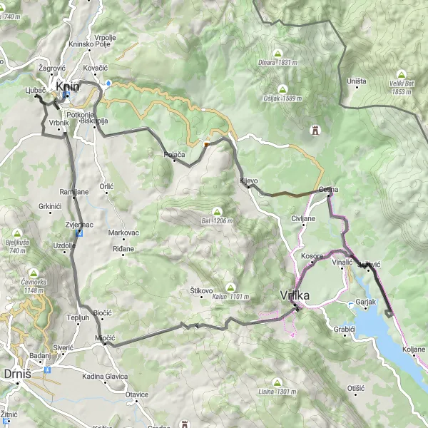 Map miniature of "Knin - Kupres Explore" cycling inspiration in Jadranska Hrvatska, Croatia. Generated by Tarmacs.app cycling route planner