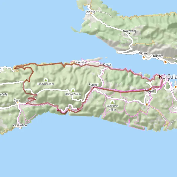 Map miniature of "Gravel Adventure in Korčula" cycling inspiration in Jadranska Hrvatska, Croatia. Generated by Tarmacs.app cycling route planner