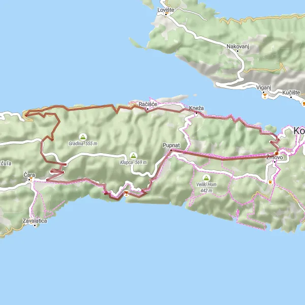 Map miniature of "Pupnat Gravel Escape" cycling inspiration in Jadranska Hrvatska, Croatia. Generated by Tarmacs.app cycling route planner