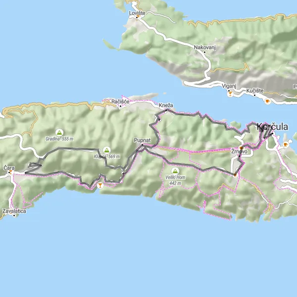 Map miniature of "Korčula Road Cycling Adventure" cycling inspiration in Jadranska Hrvatska, Croatia. Generated by Tarmacs.app cycling route planner