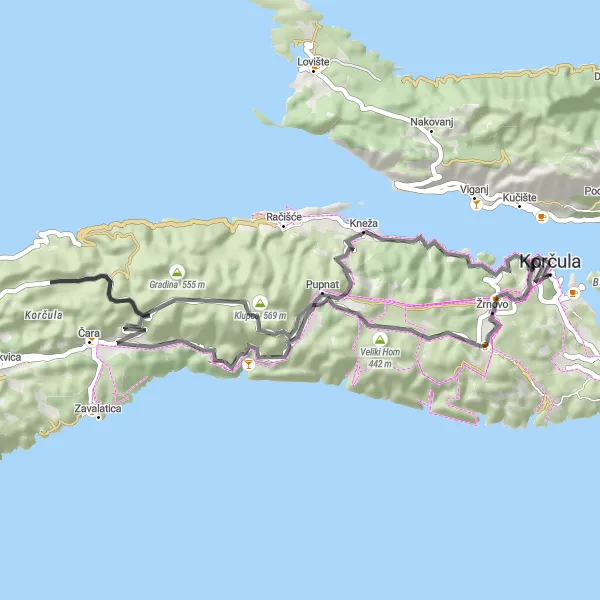 Map miniature of "Korčula Loop by Road Bike" cycling inspiration in Jadranska Hrvatska, Croatia. Generated by Tarmacs.app cycling route planner