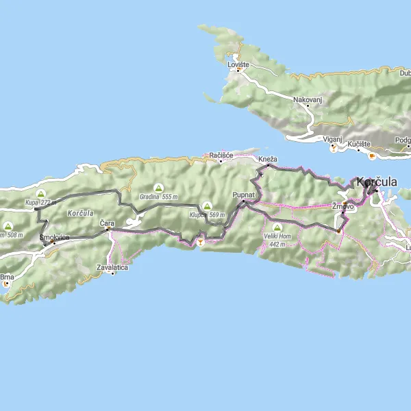 Map miniature of "Scenic Road Cycling Tour of Korčula" cycling inspiration in Jadranska Hrvatska, Croatia. Generated by Tarmacs.app cycling route planner