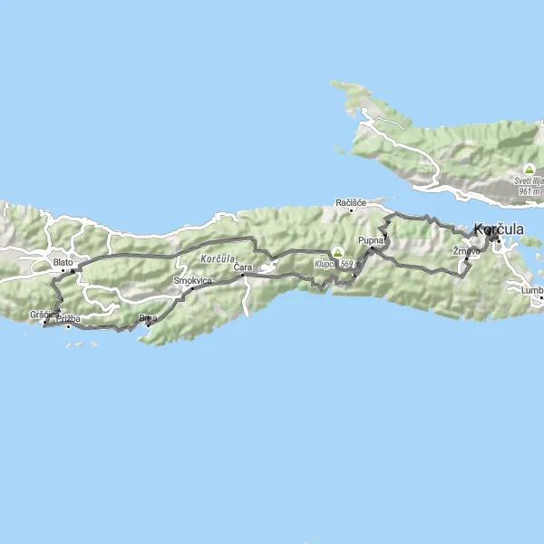 Map miniature of "Korčula Road Challenge" cycling inspiration in Jadranska Hrvatska, Croatia. Generated by Tarmacs.app cycling route planner