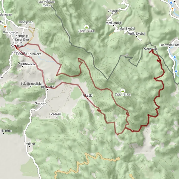 Map miniature of "Korenica Gravel Adventure" cycling inspiration in Jadranska Hrvatska, Croatia. Generated by Tarmacs.app cycling route planner