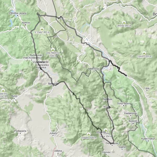 Map miniature of "Mountainous Escapade" cycling inspiration in Jadranska Hrvatska, Croatia. Generated by Tarmacs.app cycling route planner