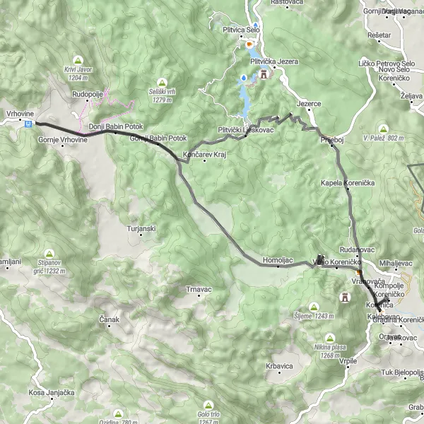 Map miniature of "Korenica Road Expedition" cycling inspiration in Jadranska Hrvatska, Croatia. Generated by Tarmacs.app cycling route planner