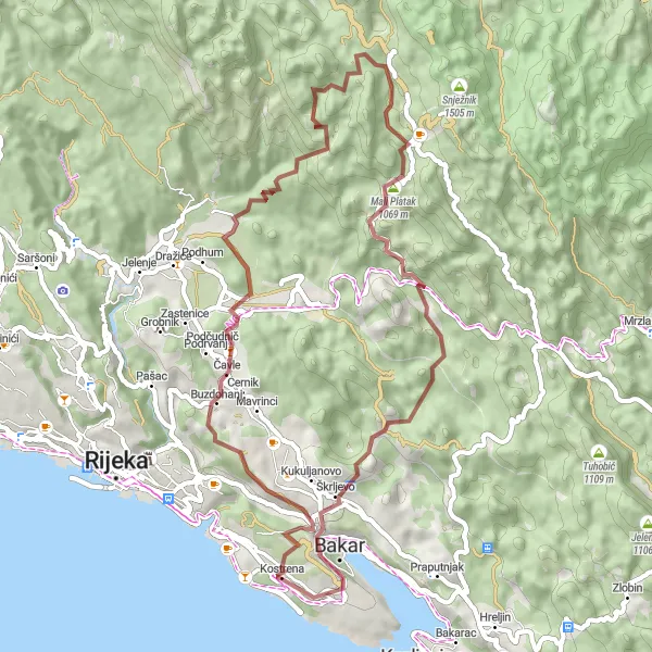 Map miniature of "Stunning Gravel Tour of Kostrena" cycling inspiration in Jadranska Hrvatska, Croatia. Generated by Tarmacs.app cycling route planner