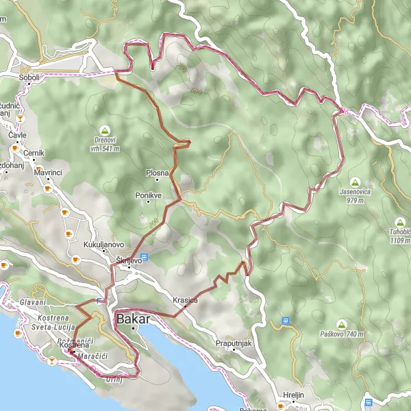 Map miniature of "Kostrena Gravel Adventure" cycling inspiration in Jadranska Hrvatska, Croatia. Generated by Tarmacs.app cycling route planner