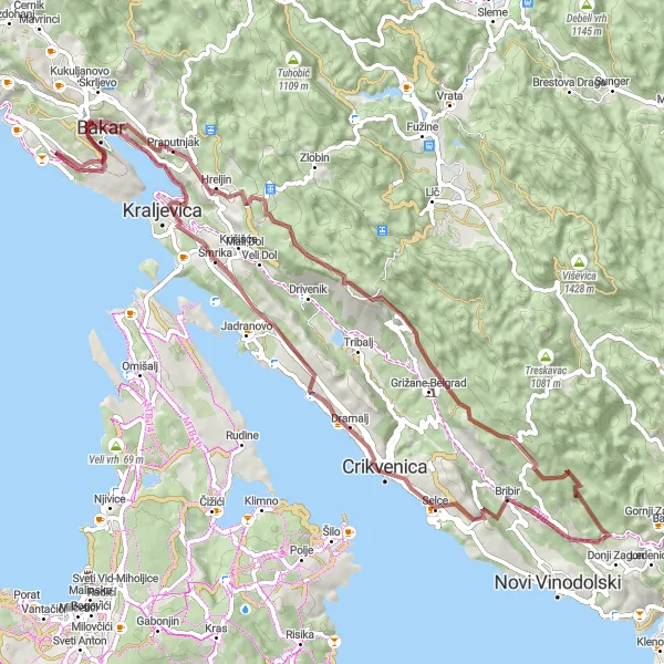 Map miniature of "Kostrena to Praputnjak Loop" cycling inspiration in Jadranska Hrvatska, Croatia. Generated by Tarmacs.app cycling route planner