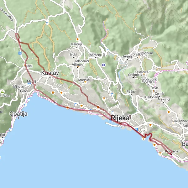 Map miniature of "Gravel Cycling Adventure near Kostrena" cycling inspiration in Jadranska Hrvatska, Croatia. Generated by Tarmacs.app cycling route planner