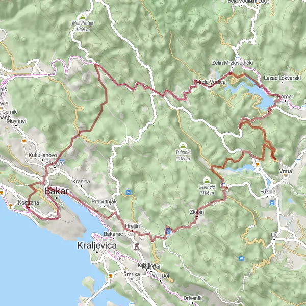 Map miniature of "Kostrena to Sveti Kuzam Loop" cycling inspiration in Jadranska Hrvatska, Croatia. Generated by Tarmacs.app cycling route planner