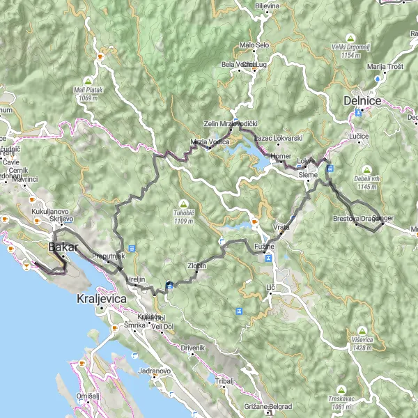 Map miniature of "Road Cycling Tour around Kostrena" cycling inspiration in Jadranska Hrvatska, Croatia. Generated by Tarmacs.app cycling route planner