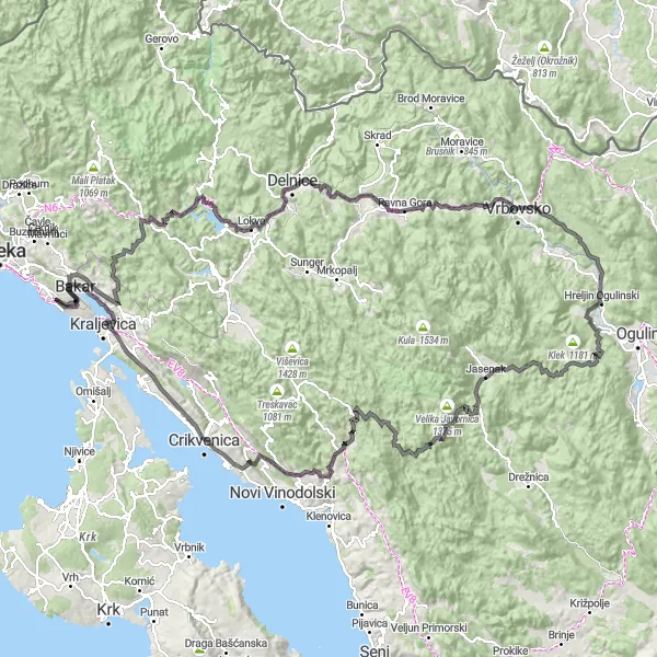 Map miniature of "Ultimate Road Cycling Challenge near Kostrena" cycling inspiration in Jadranska Hrvatska, Croatia. Generated by Tarmacs.app cycling route planner