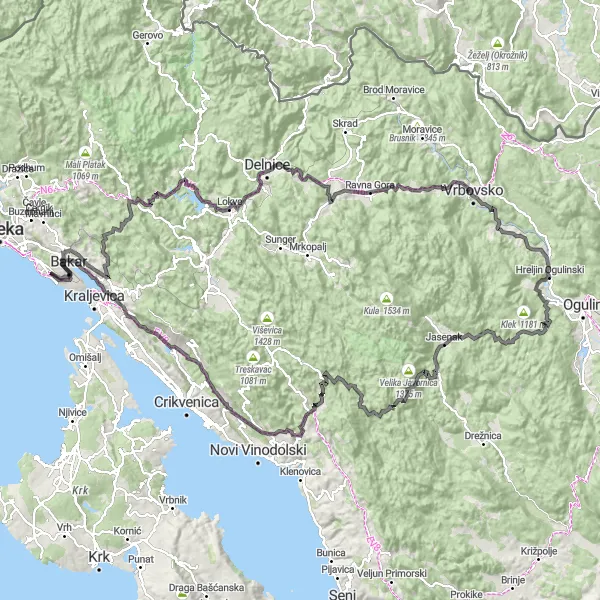 Map miniature of "Kostrena Epic Road Ride" cycling inspiration in Jadranska Hrvatska, Croatia. Generated by Tarmacs.app cycling route planner