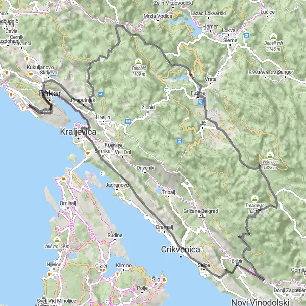 Map miniature of "Fužine Road Challenge" cycling inspiration in Jadranska Hrvatska, Croatia. Generated by Tarmacs.app cycling route planner
