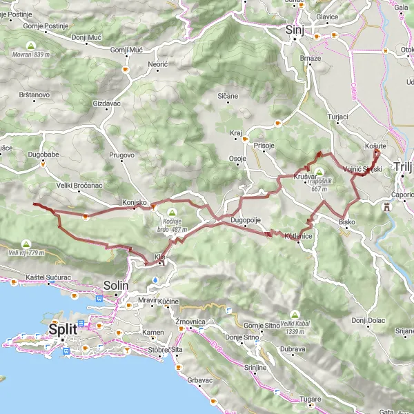 Map miniature of "Kliški Vrhovi Adventure" cycling inspiration in Jadranska Hrvatska, Croatia. Generated by Tarmacs.app cycling route planner