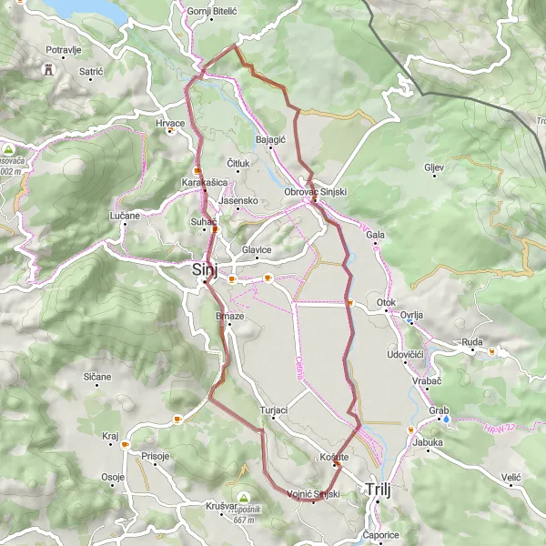 Map miniature of "Off-Road Adventure on Gravel Paths near Košute" cycling inspiration in Jadranska Hrvatska, Croatia. Generated by Tarmacs.app cycling route planner