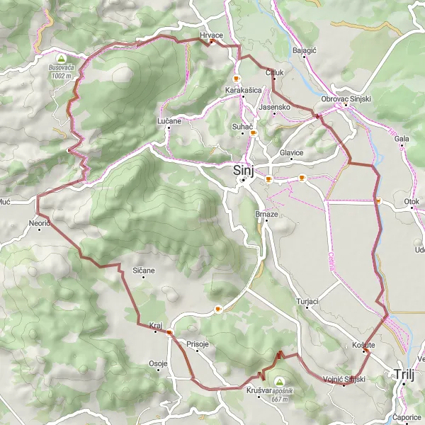 Map miniature of "Gravel Adventure at Sv. Ilija" cycling inspiration in Jadranska Hrvatska, Croatia. Generated by Tarmacs.app cycling route planner