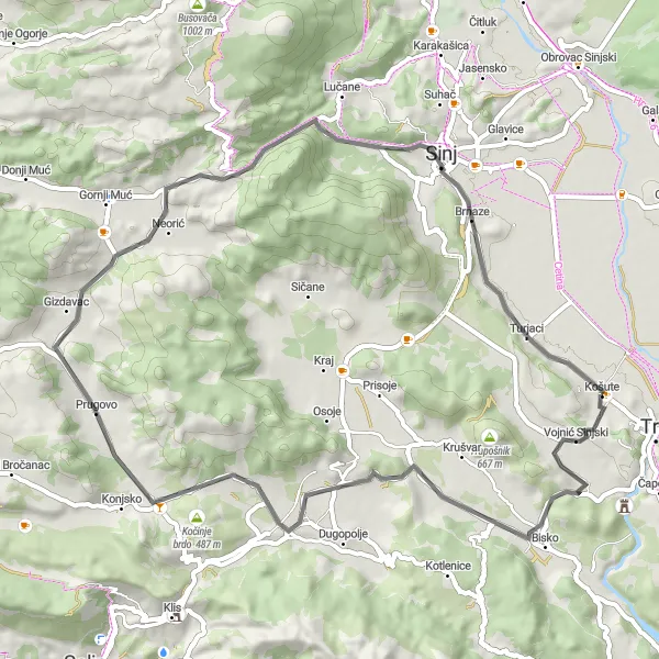 Map miniature of "Vojnić Sinjski Loop" cycling inspiration in Jadranska Hrvatska, Croatia. Generated by Tarmacs.app cycling route planner