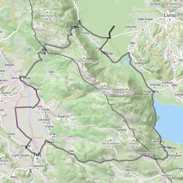 Map miniature of "Trilj Challenge" cycling inspiration in Jadranska Hrvatska, Croatia. Generated by Tarmacs.app cycling route planner