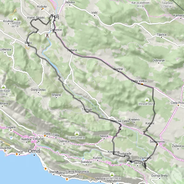 Map miniature of "Challenging Road Cycling Route with Cultural Highlights" cycling inspiration in Jadranska Hrvatska, Croatia. Generated by Tarmacs.app cycling route planner