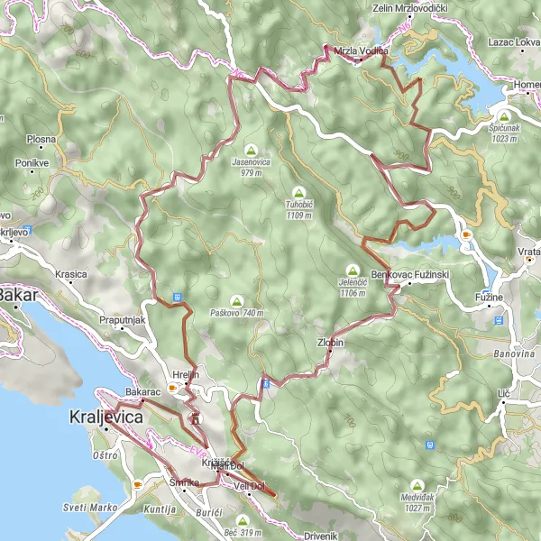 Map miniature of "Gravel cycling from Kraljevica to Paradina" cycling inspiration in Jadranska Hrvatska, Croatia. Generated by Tarmacs.app cycling route planner