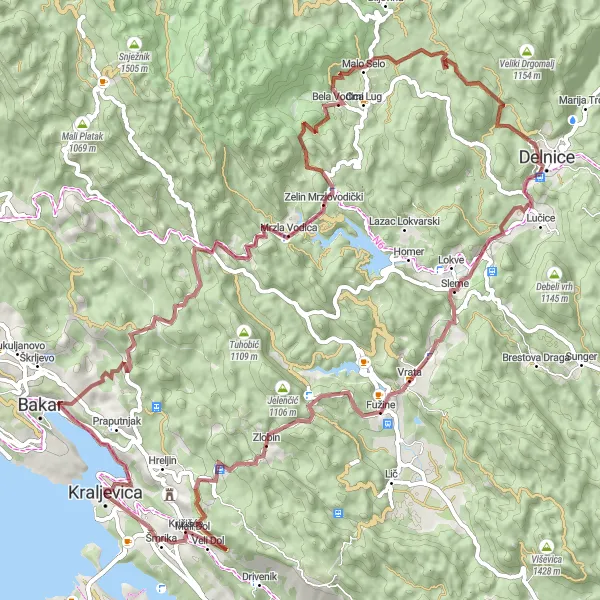 Map miniature of "Gravel cycling from Kraljevica to Paradina" cycling inspiration in Jadranska Hrvatska, Croatia. Generated by Tarmacs.app cycling route planner