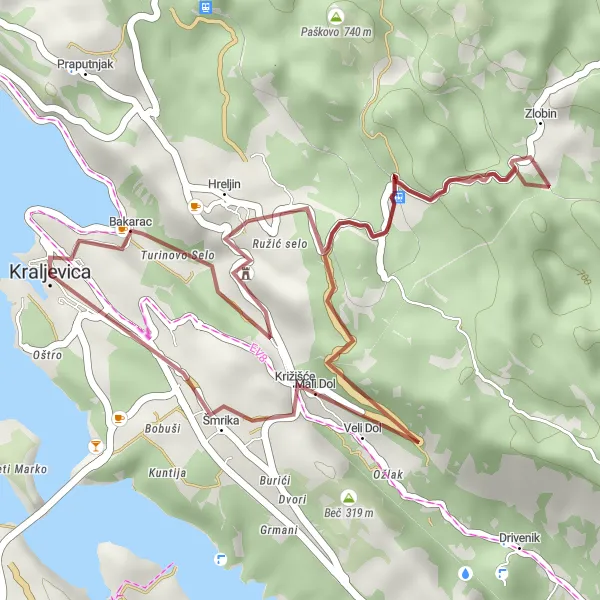 Map miniature of "Gravel cycling from Kraljevica to Zatrep" cycling inspiration in Jadranska Hrvatska, Croatia. Generated by Tarmacs.app cycling route planner