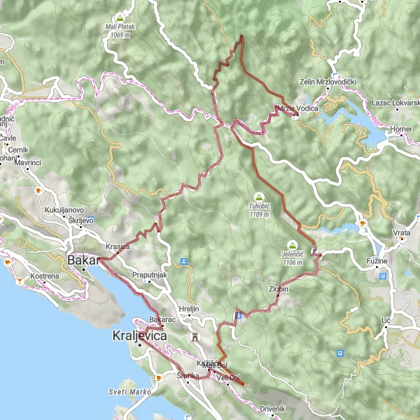 Map miniature of "Gravel Adventure" cycling inspiration in Jadranska Hrvatska, Croatia. Generated by Tarmacs.app cycling route planner