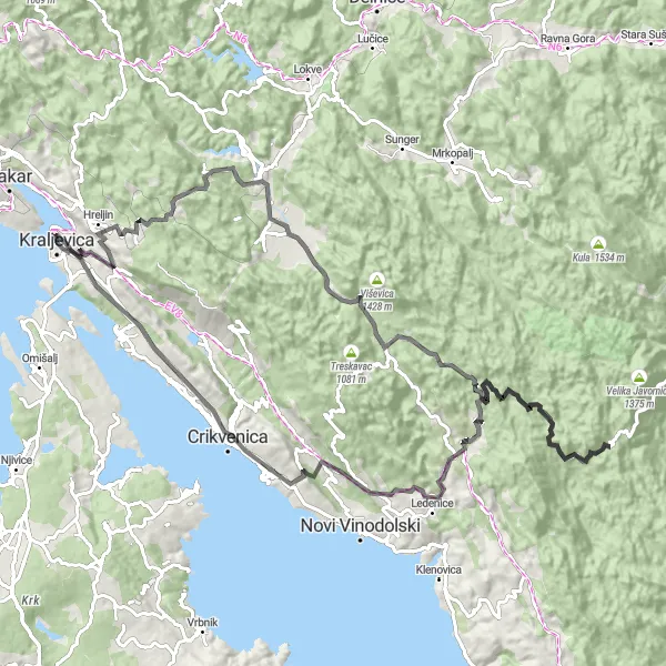 Map miniature of "Road cycling from Kraljevica to Vranjak" cycling inspiration in Jadranska Hrvatska, Croatia. Generated by Tarmacs.app cycling route planner