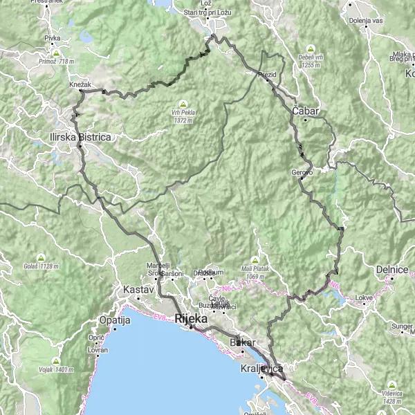Map miniature of "Coastal & Mountain Loop" cycling inspiration in Jadranska Hrvatska, Croatia. Generated by Tarmacs.app cycling route planner