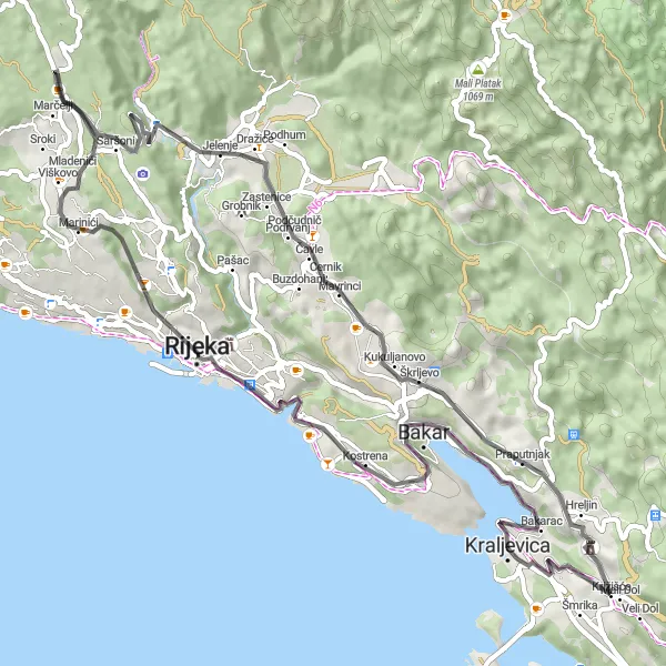 Map miniature of "Kraljevica Circle" cycling inspiration in Jadranska Hrvatska, Croatia. Generated by Tarmacs.app cycling route planner