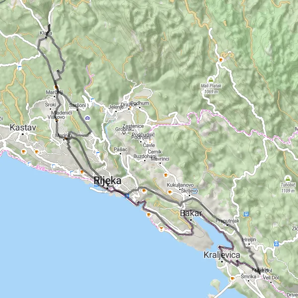 Map miniature of "Hillside Escape" cycling inspiration in Jadranska Hrvatska, Croatia. Generated by Tarmacs.app cycling route planner