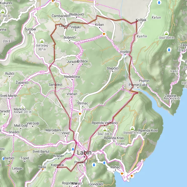 Map miniature of "Labin Gravel Adventure" cycling inspiration in Jadranska Hrvatska, Croatia. Generated by Tarmacs.app cycling route planner