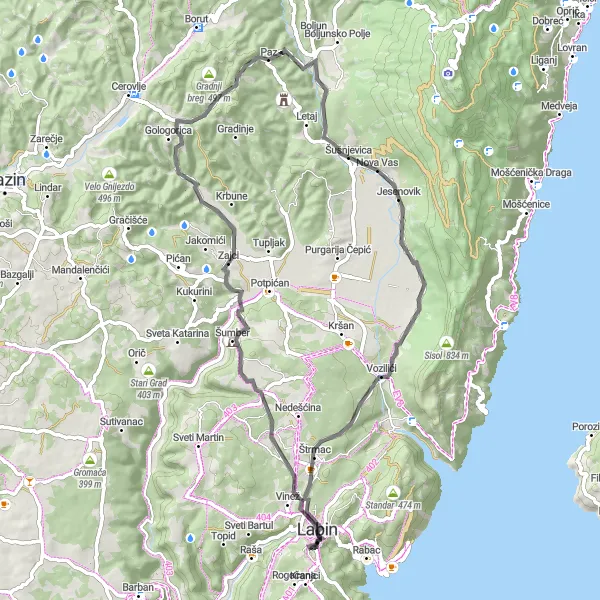 Map miniature of "Labin and its Surroundings" cycling inspiration in Jadranska Hrvatska, Croatia. Generated by Tarmacs.app cycling route planner
