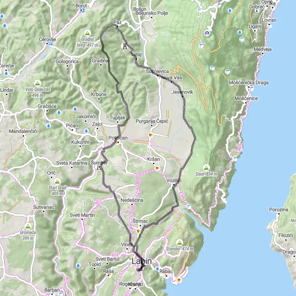 Map miniature of "Labin's Scenic Routes" cycling inspiration in Jadranska Hrvatska, Croatia. Generated by Tarmacs.app cycling route planner