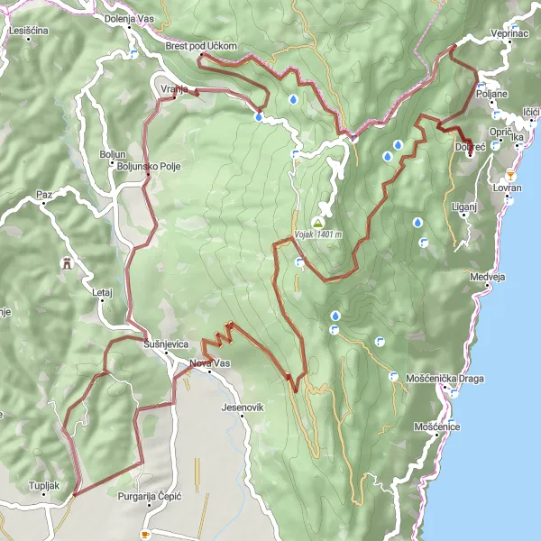 Map miniature of "Mala Učka Gravel Adventure" cycling inspiration in Jadranska Hrvatska, Croatia. Generated by Tarmacs.app cycling route planner