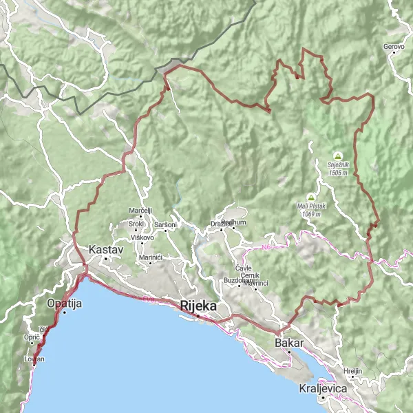 Map miniature of "Istrian Highlands Gravel Odyssey" cycling inspiration in Jadranska Hrvatska, Croatia. Generated by Tarmacs.app cycling route planner
