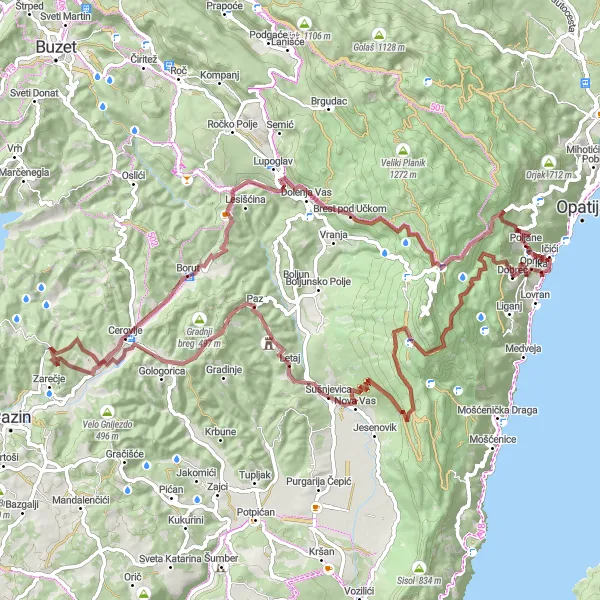 Map miniature of "Učka Forest Gravel Loop" cycling inspiration in Jadranska Hrvatska, Croatia. Generated by Tarmacs.app cycling route planner