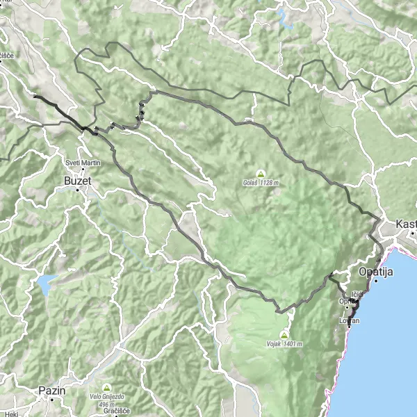 Map miniature of "Učka Mountain Loop" cycling inspiration in Jadranska Hrvatska, Croatia. Generated by Tarmacs.app cycling route planner