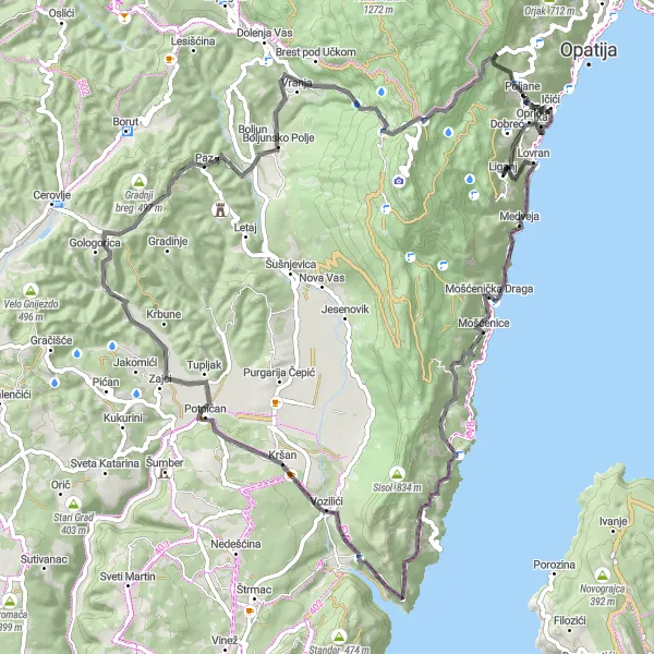 Map miniature of "Scenic Coastal Road Ride" cycling inspiration in Jadranska Hrvatska, Croatia. Generated by Tarmacs.app cycling route planner