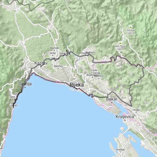 Map miniature of "Učka Mountain Loop" cycling inspiration in Jadranska Hrvatska, Croatia. Generated by Tarmacs.app cycling route planner