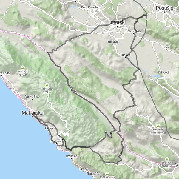 Map miniature of "Makarska Nature Loop" cycling inspiration in Jadranska Hrvatska, Croatia. Generated by Tarmacs.app cycling route planner