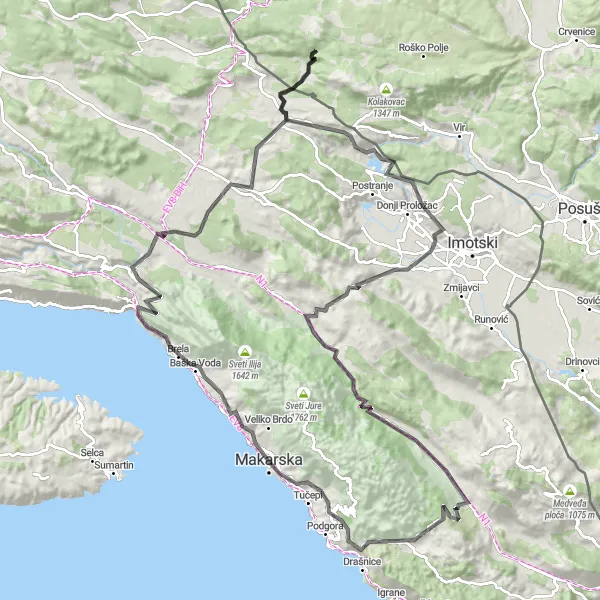 Map miniature of "Makarska Hinterland Loop" cycling inspiration in Jadranska Hrvatska, Croatia. Generated by Tarmacs.app cycling route planner